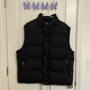 Vintage POLO Ralph Lauren women’s‎ black leather zip button puffer down vest XL
